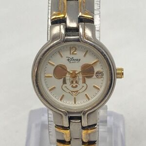 Disney Time Works Mickey Mouse Watch Women Silver Gold Two Tone Date New Battery